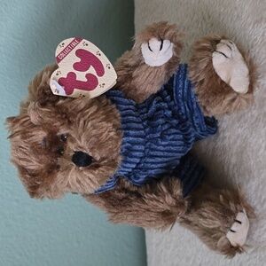Ty Christopher Plush Bear with Blue Corduroy Outfit, Nwt